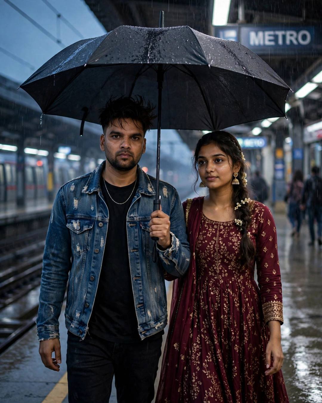 A couple walking under one umbrella on a rainy metro platform, the man in a distressed denim jacket and the woman in a maroon anarkali with jasmine in her braid