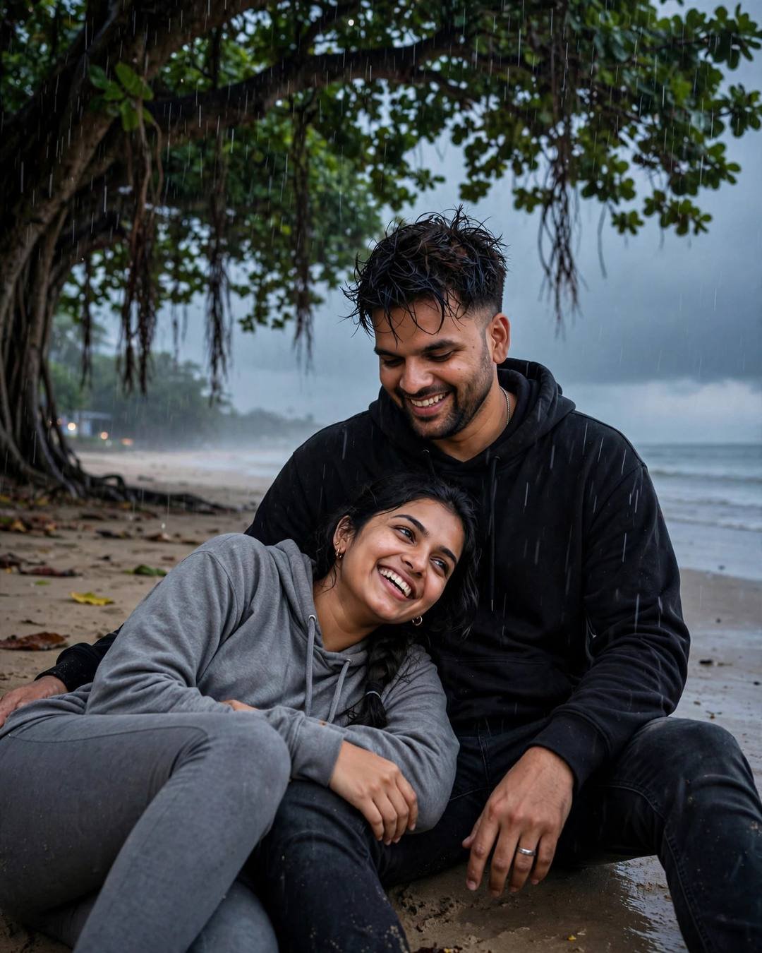 A couple laughing under a banyan tree in monsoon rain at a beach, the man in a black hoodie and the woman in a grey hoodie leaning against him