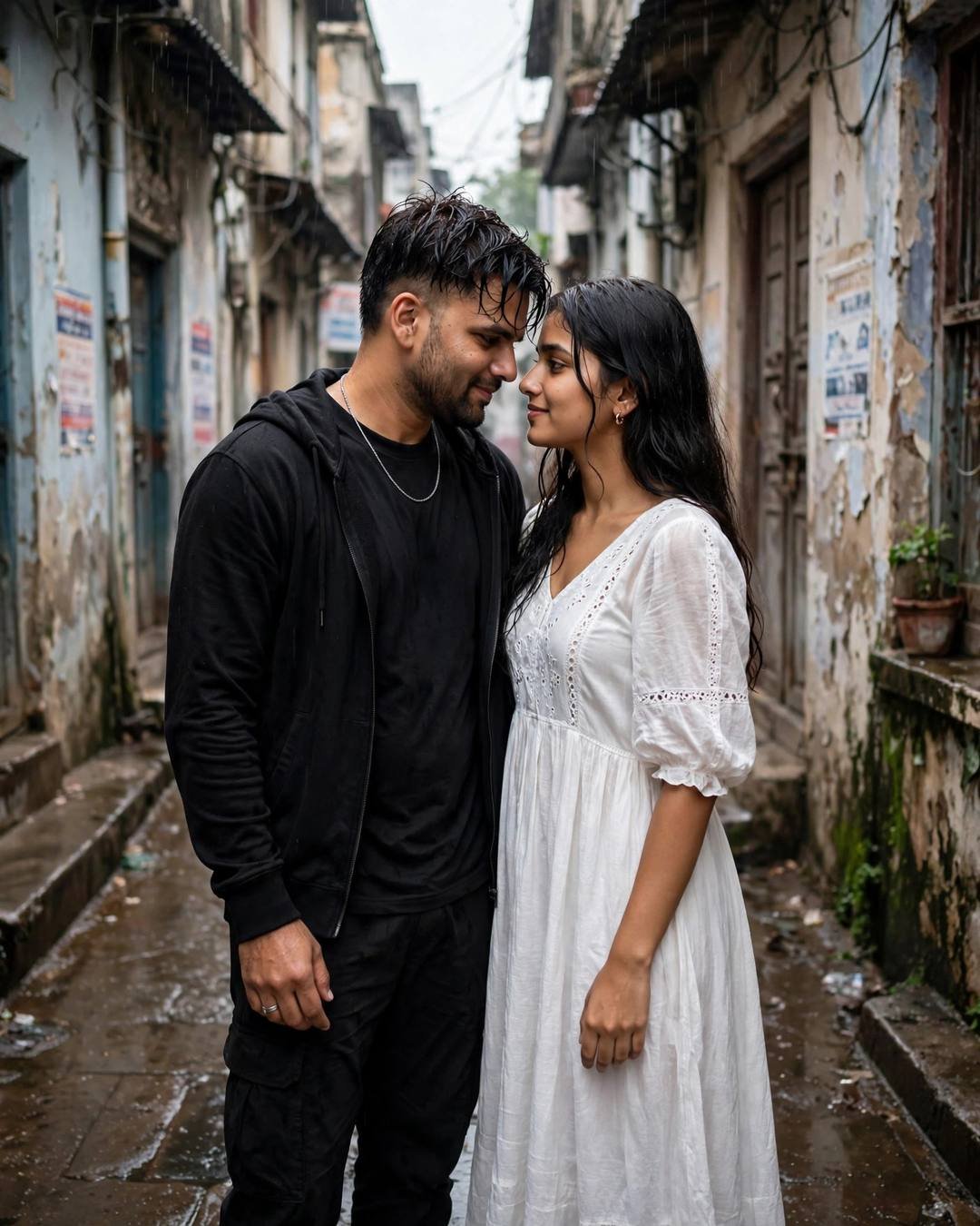 A couple standing face to face in a rainy old-city lane, foreheads almost touching, the man in black streetwear and the woman in a white summer dress