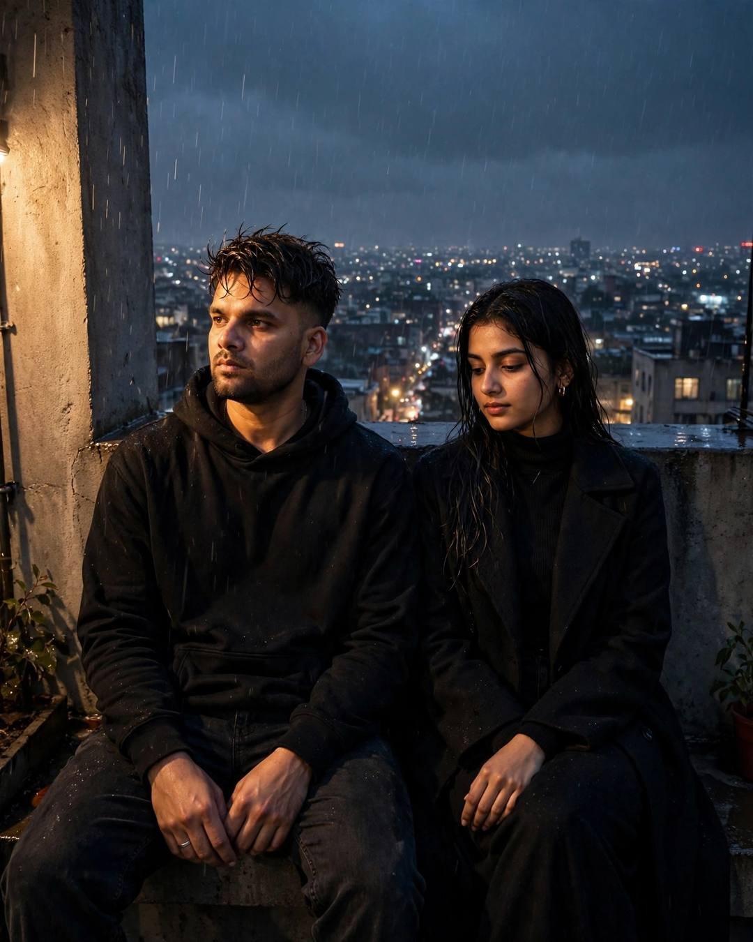 A couple sitting on a rooftop in drizzle at night, city lights spread below, the man in a black hoodie and the woman in a black turtleneck and long coat
