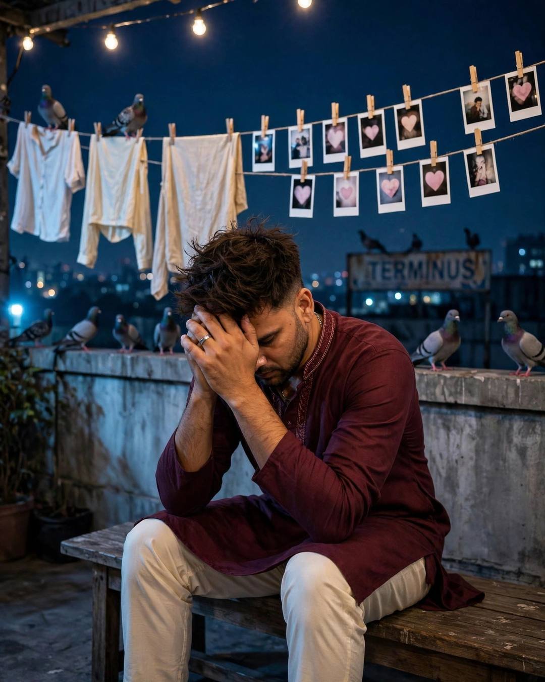 A man in a maroon kurta sitting on a station bench with his head in his hands, polaroid photographs with hearts strung on lines above him, pigeons on the parapet at night