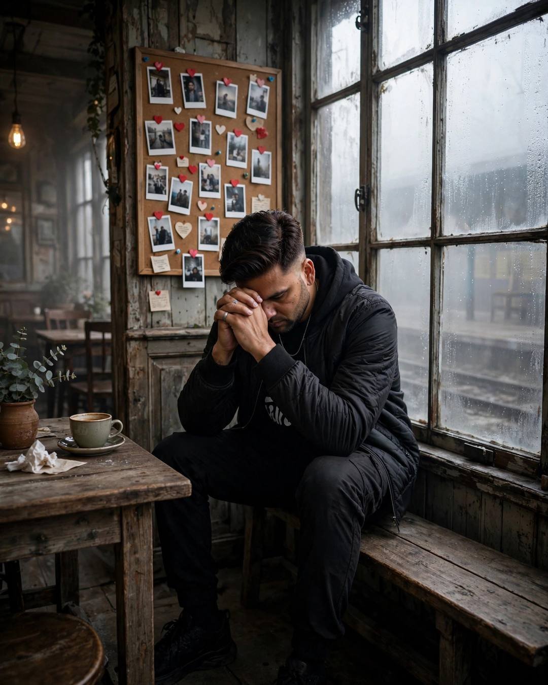 A man in black streetwear sitting with his head in his hands in an old fogged-window cafe, a corkboard of polaroid photos and red hearts behind him