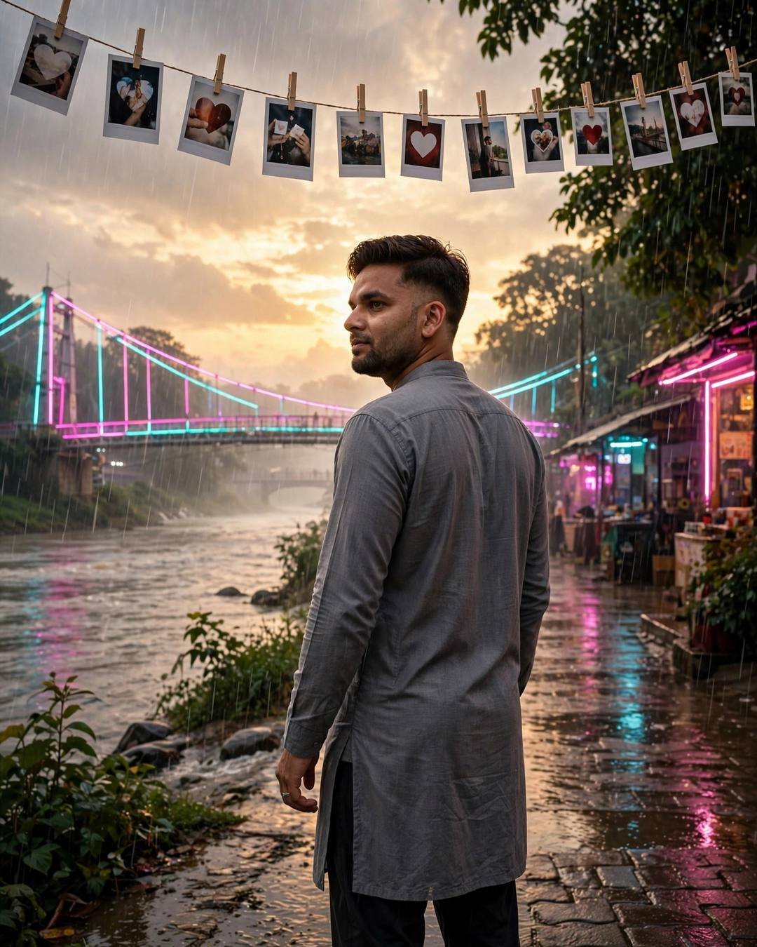 A man in a grey kurta standing by a rain-wet river looking over his shoulder at a neon-lit bridge, polaroid photos on a line above him in the rain