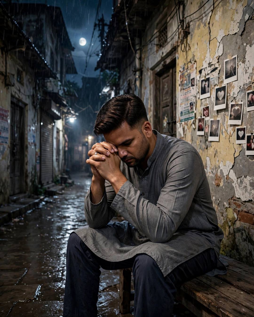 A man in a grey kurta sitting on a bench with his head bowed, polaroid photos with hearts pinned on a peeling wall beside him, full moon over a rainy lane