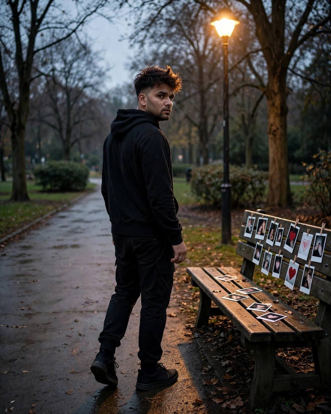 A man in black streetwear walking away down a wet park path, looking back over his shoulder at a bench covered in polaroid photos under a sodium lamp