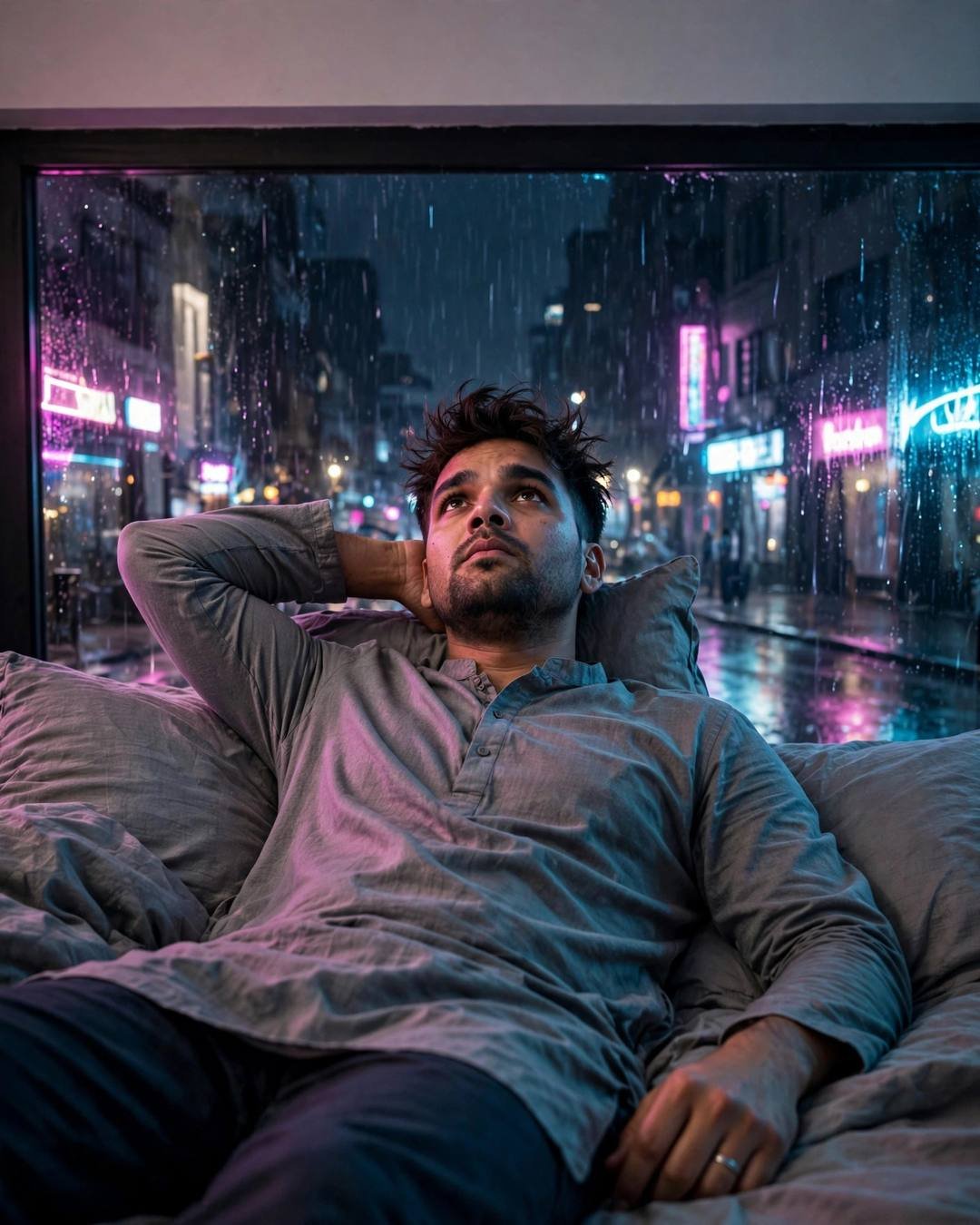 A young Indian man in a grey kurta lying on a bed with one arm behind his head, staring at the ceiling, a rain-soaked neon-lit city street glowing through the window behind him.