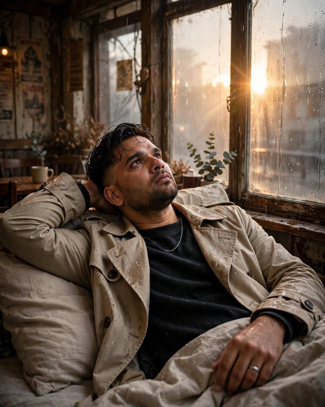 A young Indian man in a beige trench coat reclining with one arm behind his head at an old rustic cafe by a fogged window, golden-hour light streaming through the rain.