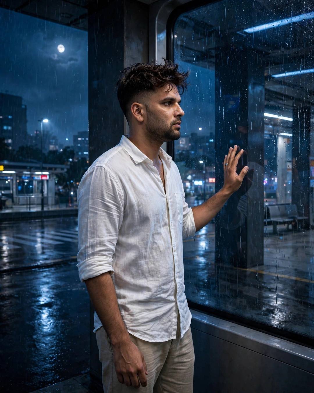 A young Indian man in a white linen shirt standing at a rain-streaked window on a midnight metro platform, one hand pressed to the glass, moonlight and city lights beyond.