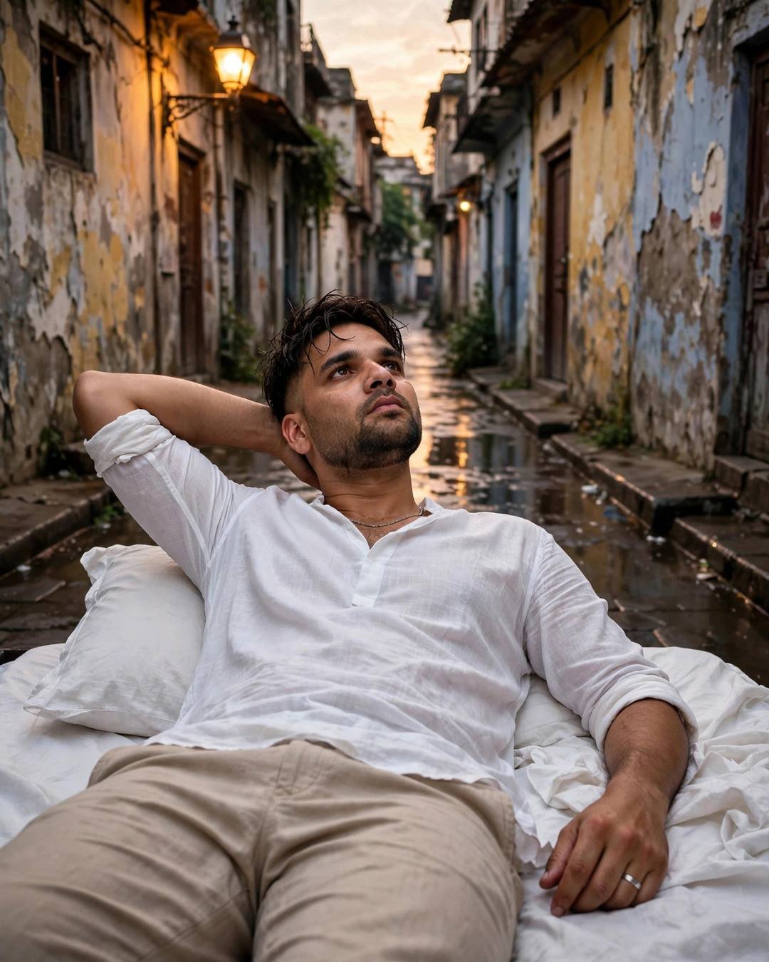 A young Indian man in a white linen shirt lying on a bed placed in a narrow rain-wet old-city lane at dusk, one arm behind his head, warm streetlamp glowing.