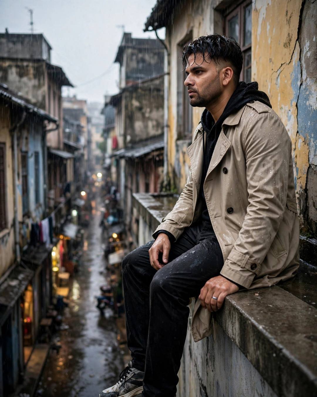 A young Indian man in a beige trench coat sitting on a rain-wet rooftop ledge with legs dangling, looking out over a narrow old-city lane in the drizzle.