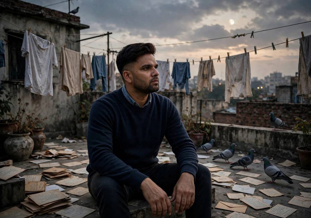 A man in a navy sweater sitting on a terrace surrounded by old letters, pigeons walking nearby, clothes drying on lines, moon in the overcast sky