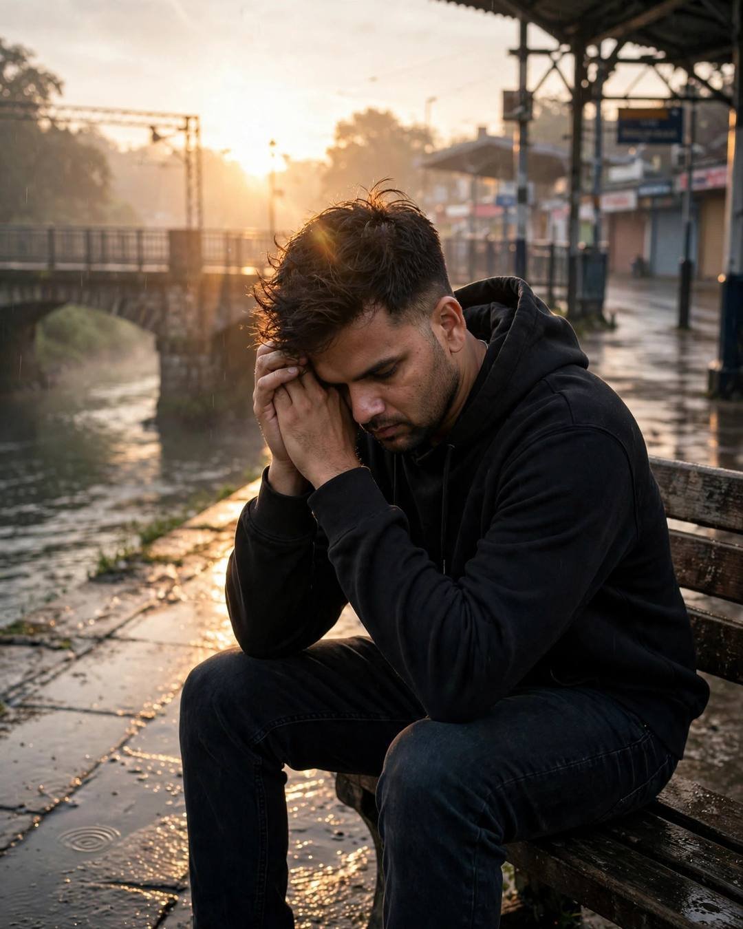 A man in a black hoodie sitting on a bench by a river at golden dawn, head in his hands, stone bridge and wet streets glowing behind him