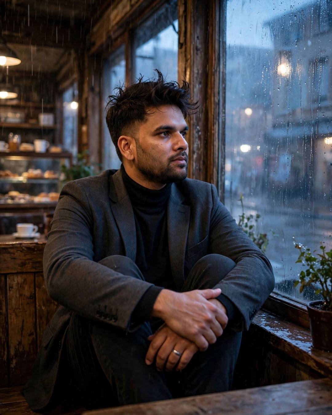 A man in a charcoal blazer sitting with knees drawn up in an old cafe, gazing through a rain-streaked window at blue hour