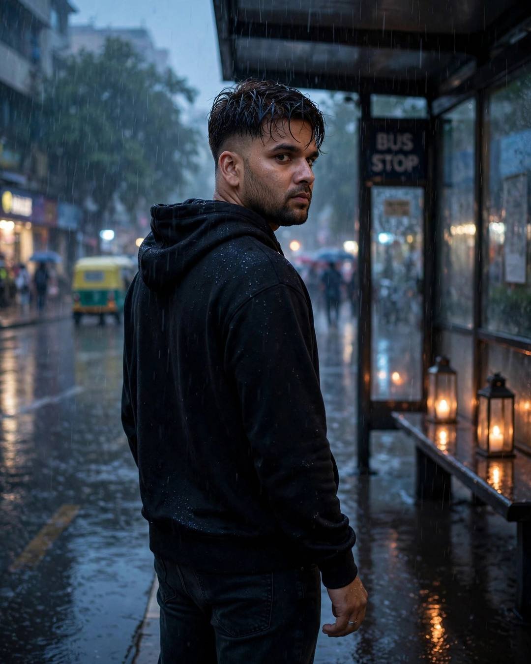 A man in a black hoodie leaning against a bus stop shelter in heavy monsoon rain, looking back over his shoulder, lanterns glowing on the bench