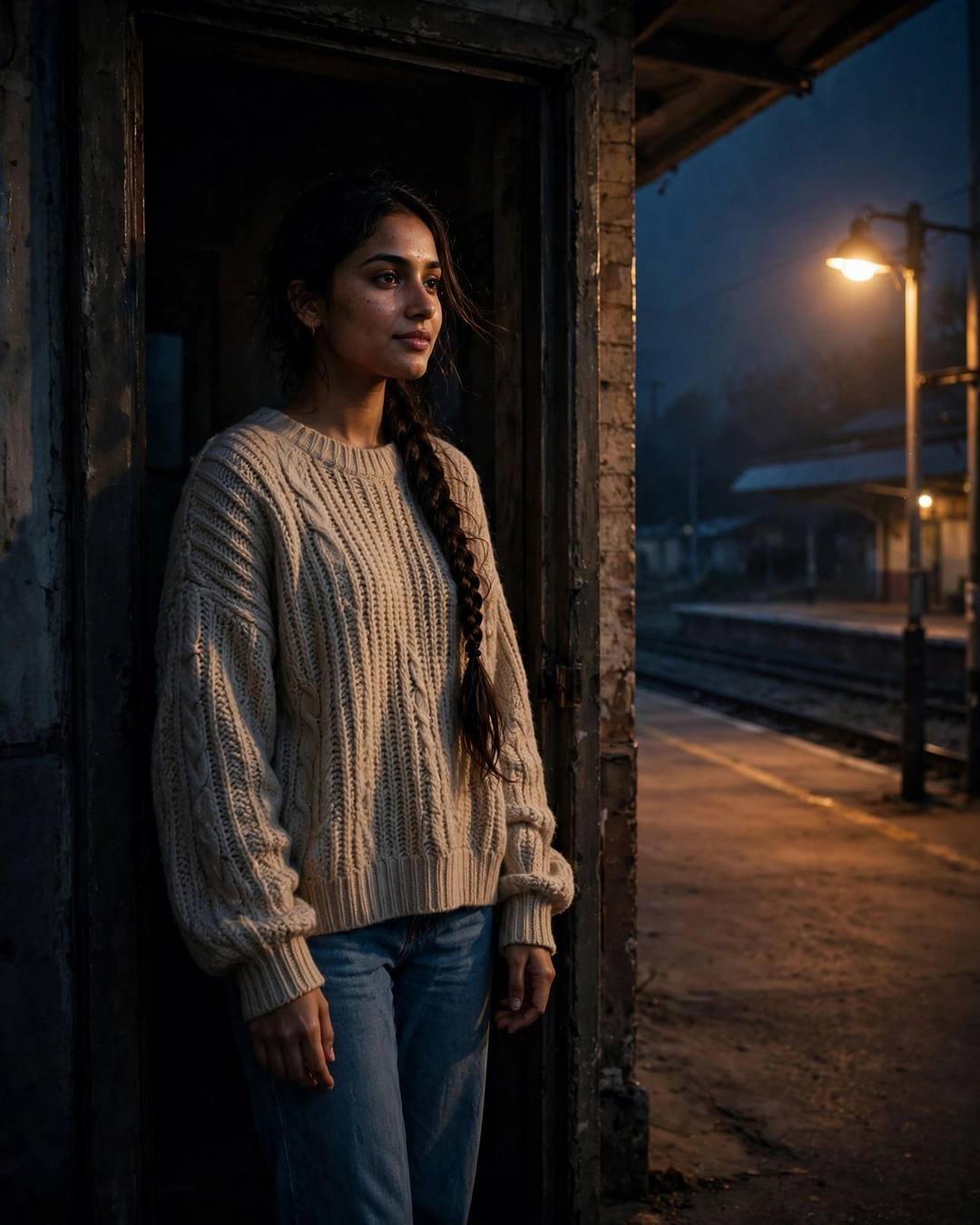 A young woman in a beige sweater standing in a doorway at an empty railway platform at night, sodium lamp glowing, tracks gleaming