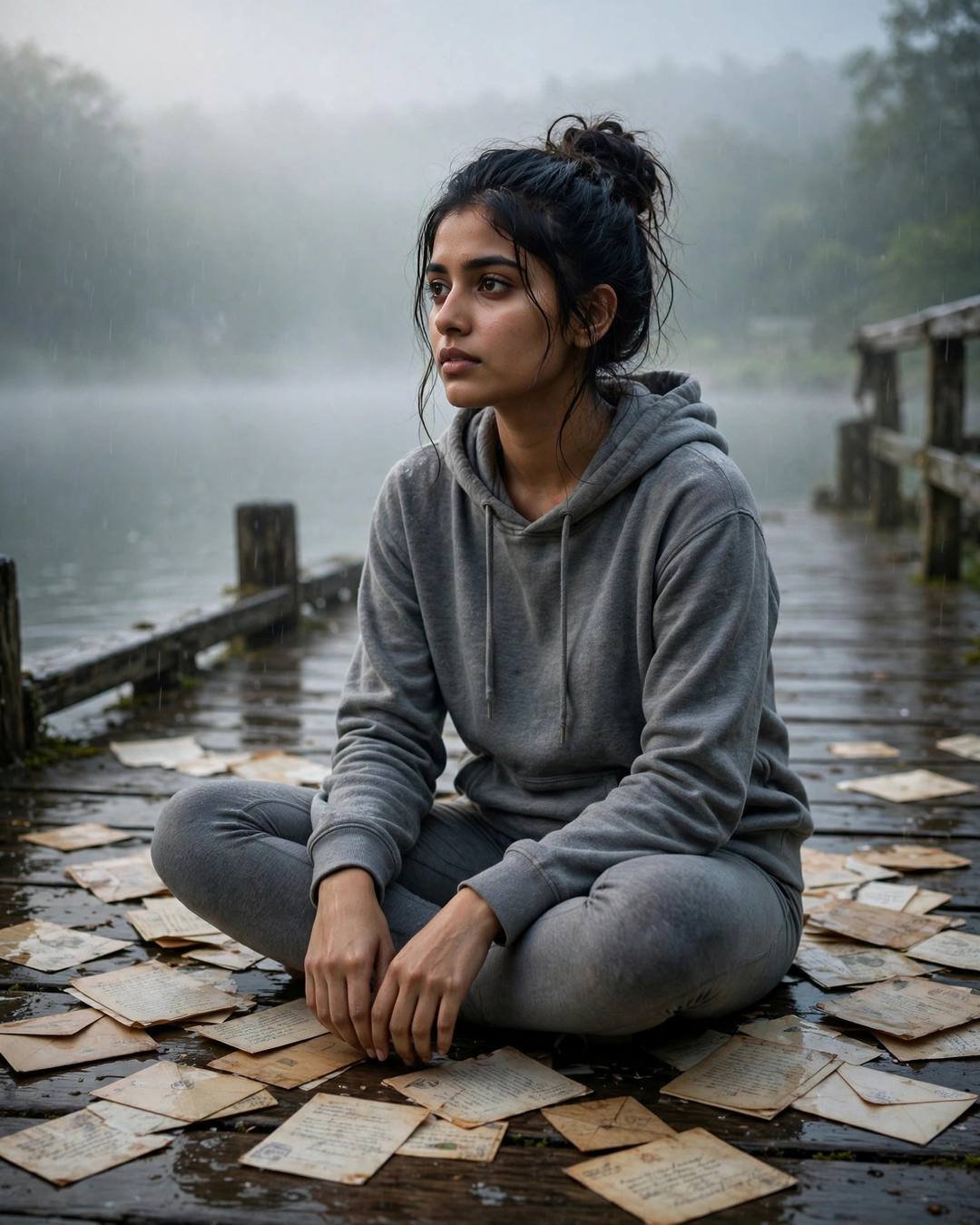 A young woman in a grey hoodie sitting cross-legged on a lake pier at dawn, surrounded by old letters on the wet planks, fog over the water