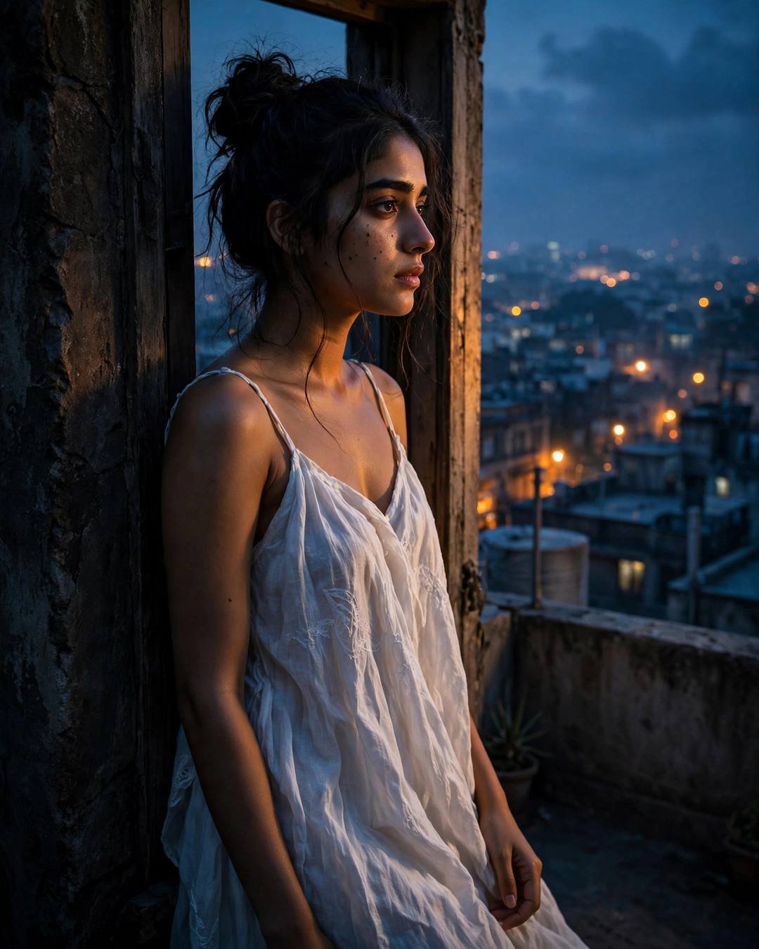 A young woman in a white summer dress standing in a rooftop doorway at night, gazing at the sleeping city lights below