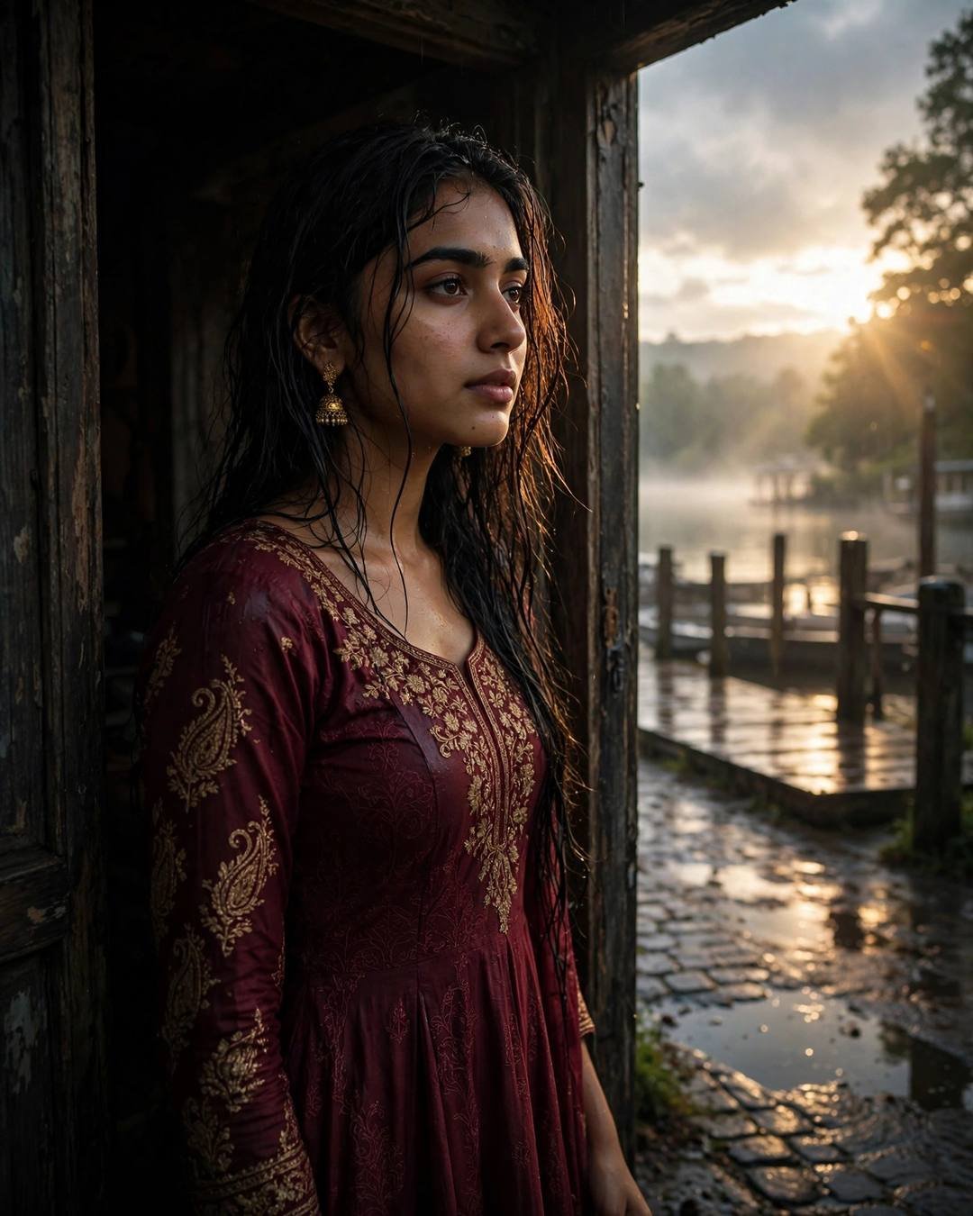 A young woman in a maroon anarkali with jhumkas standing in a doorway at a lake pier at dawn, golden backlight breaking through the clouds