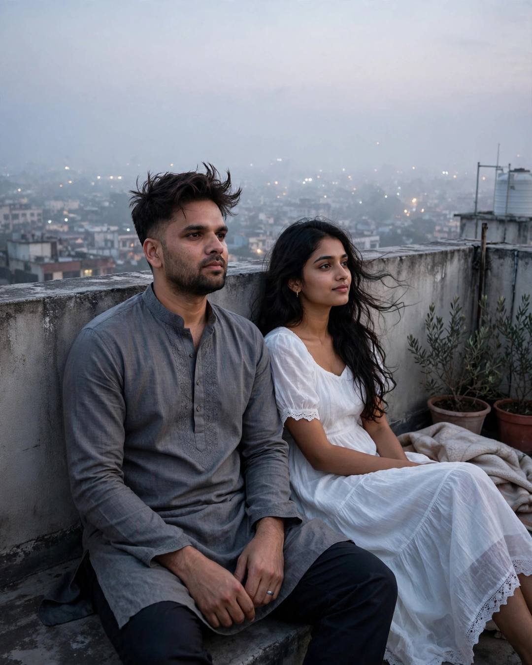 Fireflies dimming softly around them as dawn — AI-generated photorealistic portrait in the Nature Couple mood