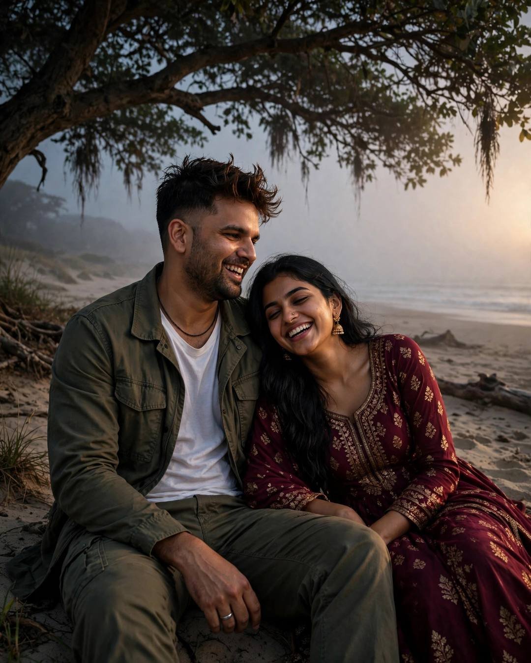Young Indian couple laughing softly under a tree at a fog-bound deserted beach at dusk, she in a maroon anarkali with jhumkas