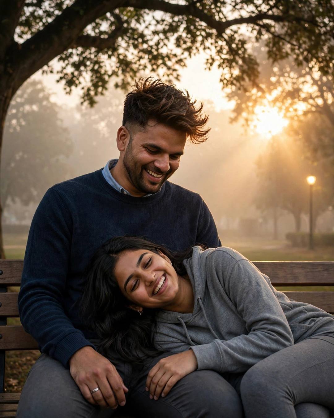 Young Indian couple laughing softly on a park bench under a tree at golden hour, her head in his lap, fog behind