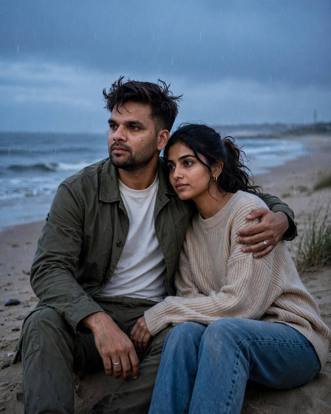 Young Indian couple sitting on the sand at a deserted beach at dusk in light rain, his arm around her, grey waves behind
