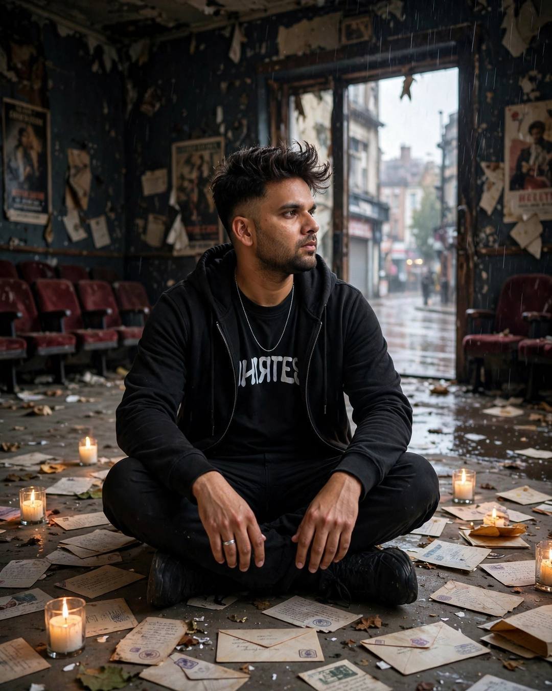 Young man in black streetwear sitting cross-legged among old letters and candles in an abandoned cinema hall