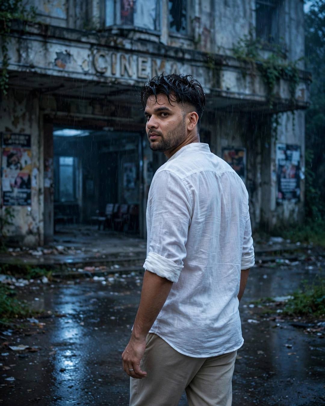 Young man in white linen shirt looking back over his shoulder at an abandoned cinema facade