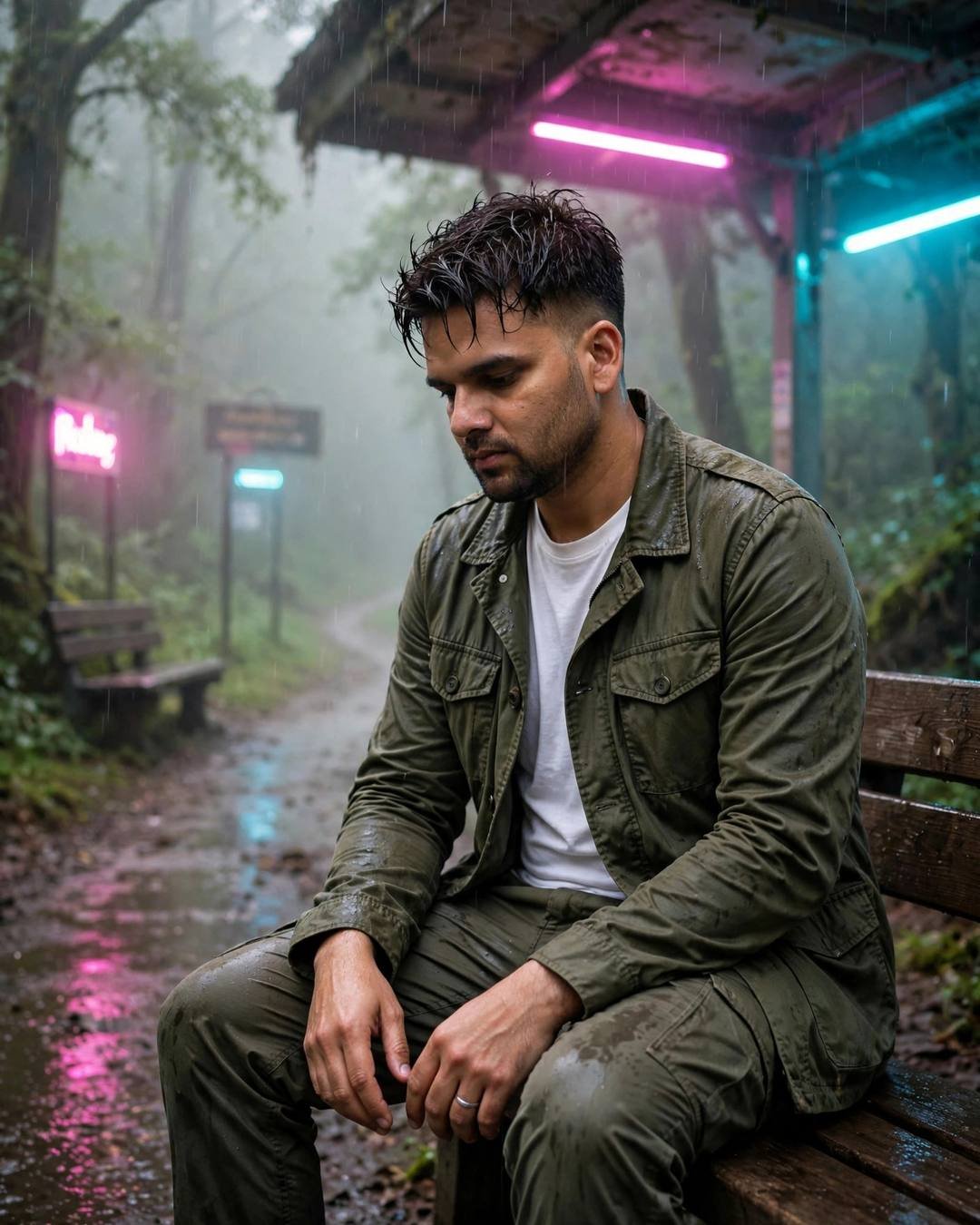Young man in olive field jacket sitting on a bench at a misty forest path with neon pink and cyan lights