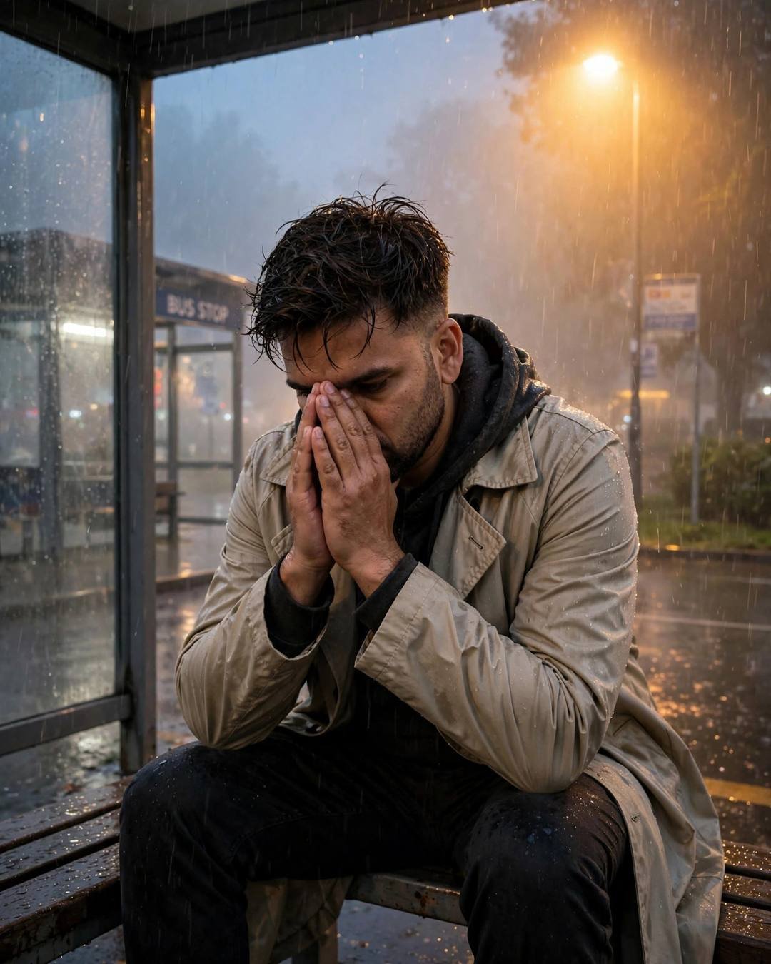 Young man in beige trench coat at a rainy bus stop, hands pressed to his face, streetlamp glowing