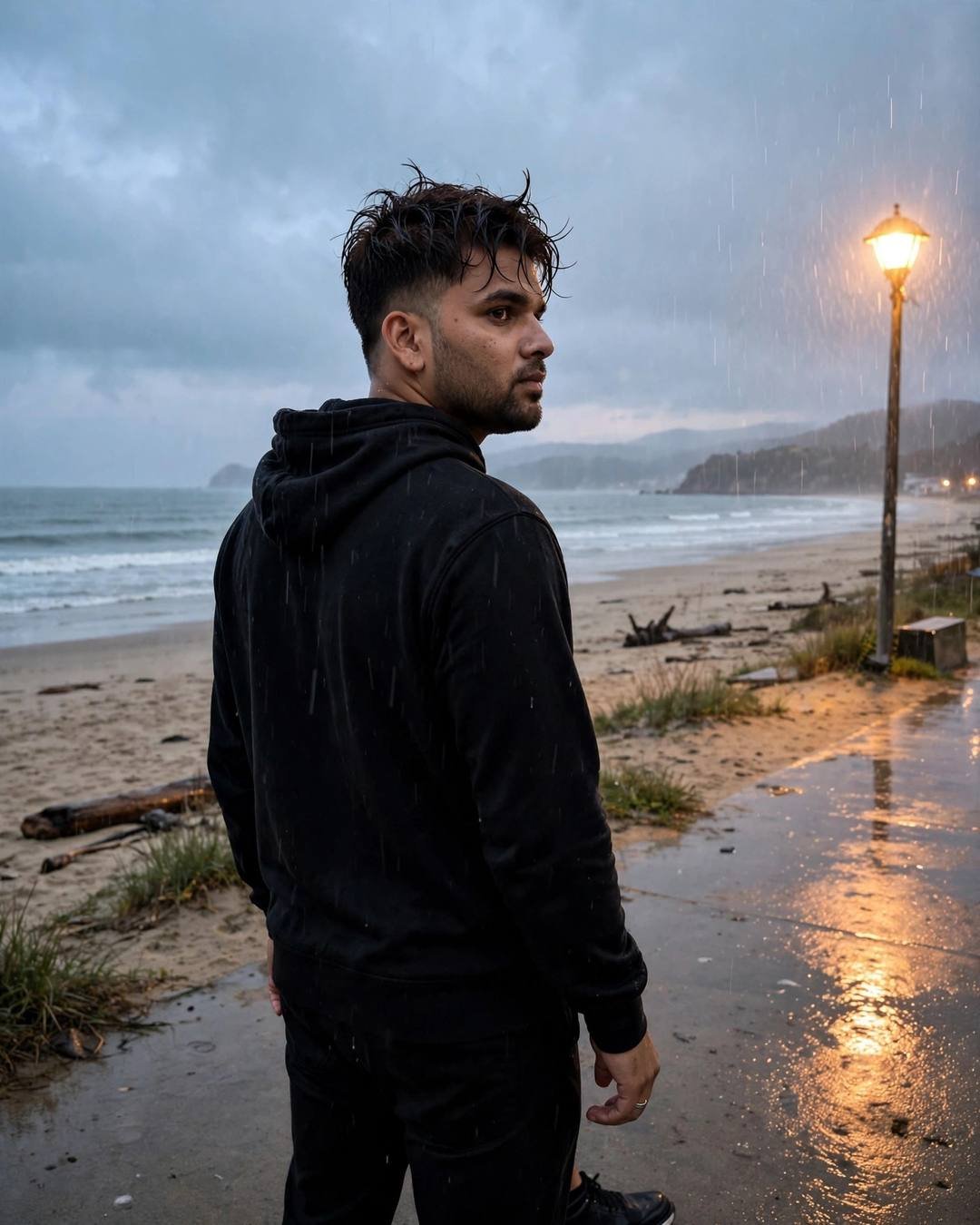 Young man in black streetwear looking over his shoulder on a rainy beach path at dusk, streetlamp glowing