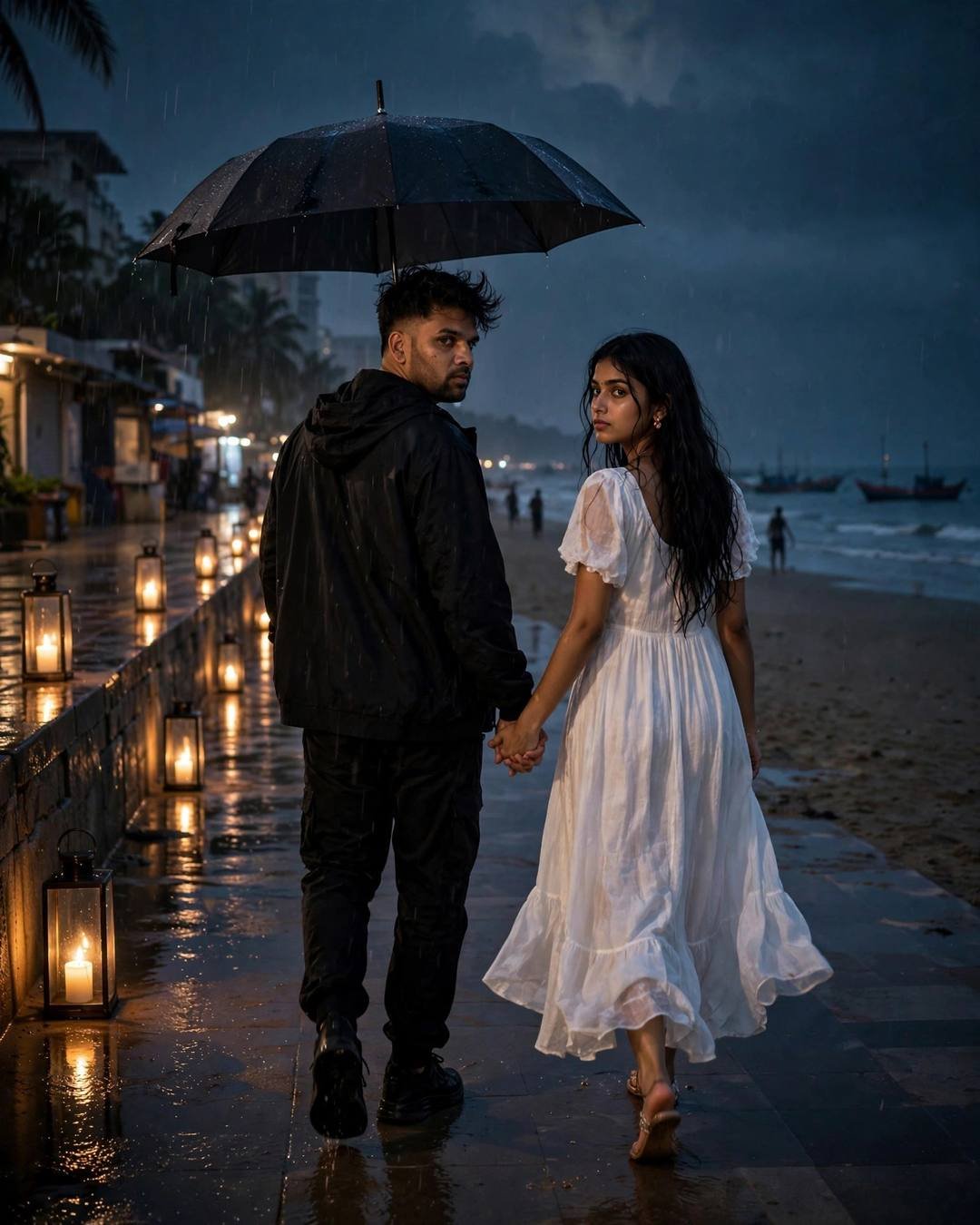 Young Indian couple walking hand in hand under one umbrella on a rainy candle-lit beach promenade at dusk, she in a white dress