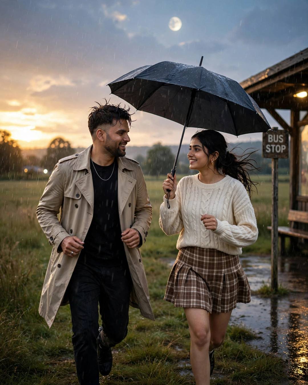 Young Indian couple running toward each other across a wet grass field in light rain at golden hour, she holds an umbrella, bus stop nearby