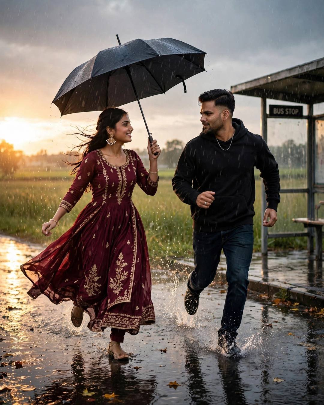 Young Indian couple running laughing through puddles in the rain at golden hour, she holds an umbrella, maroon anarkali flying