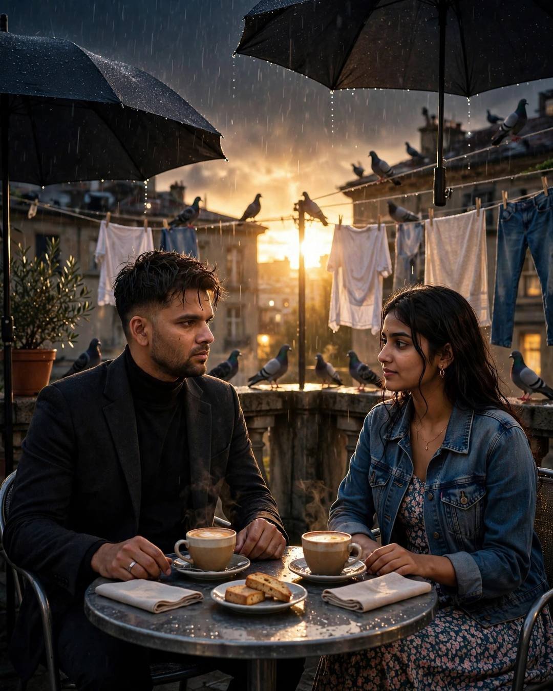Young Indian couple at a small table with steaming chai cups on a rain-wet rooftop terrace at sunset, pigeons and clotheslines around