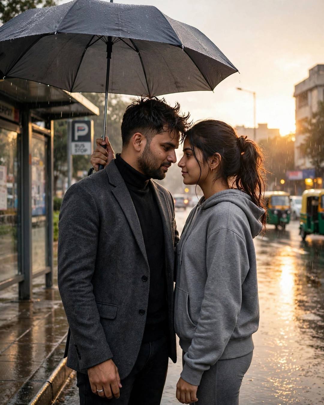 Young Indian couple standing face to face with foreheads nearly touching under one umbrella at a rainy bus stop, golden evening light
