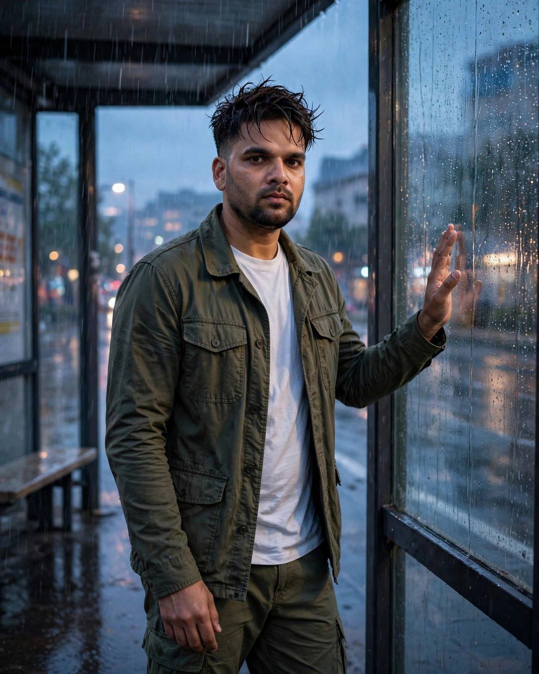 Young Indian man in an olive field jacket at a rainy bus shelter, one palm pressed to rain-streaked glass, blue-hour city haze behind