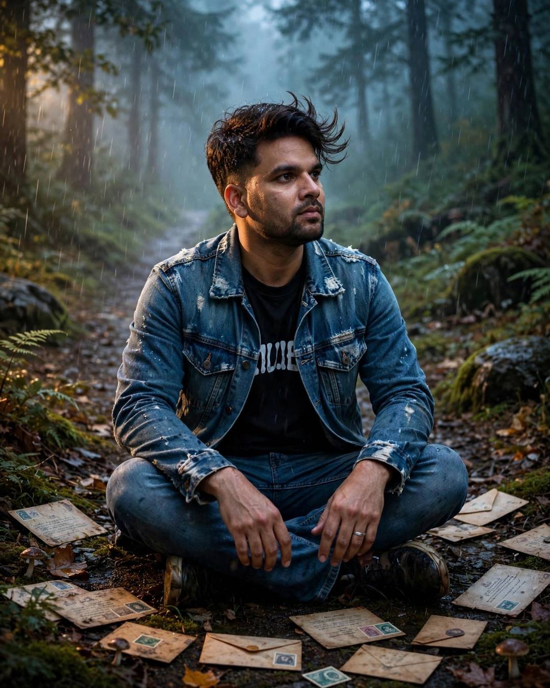 Young Indian man in a denim jacket sitting cross-legged on a misty forest path among scattered old letters, dramatic side light