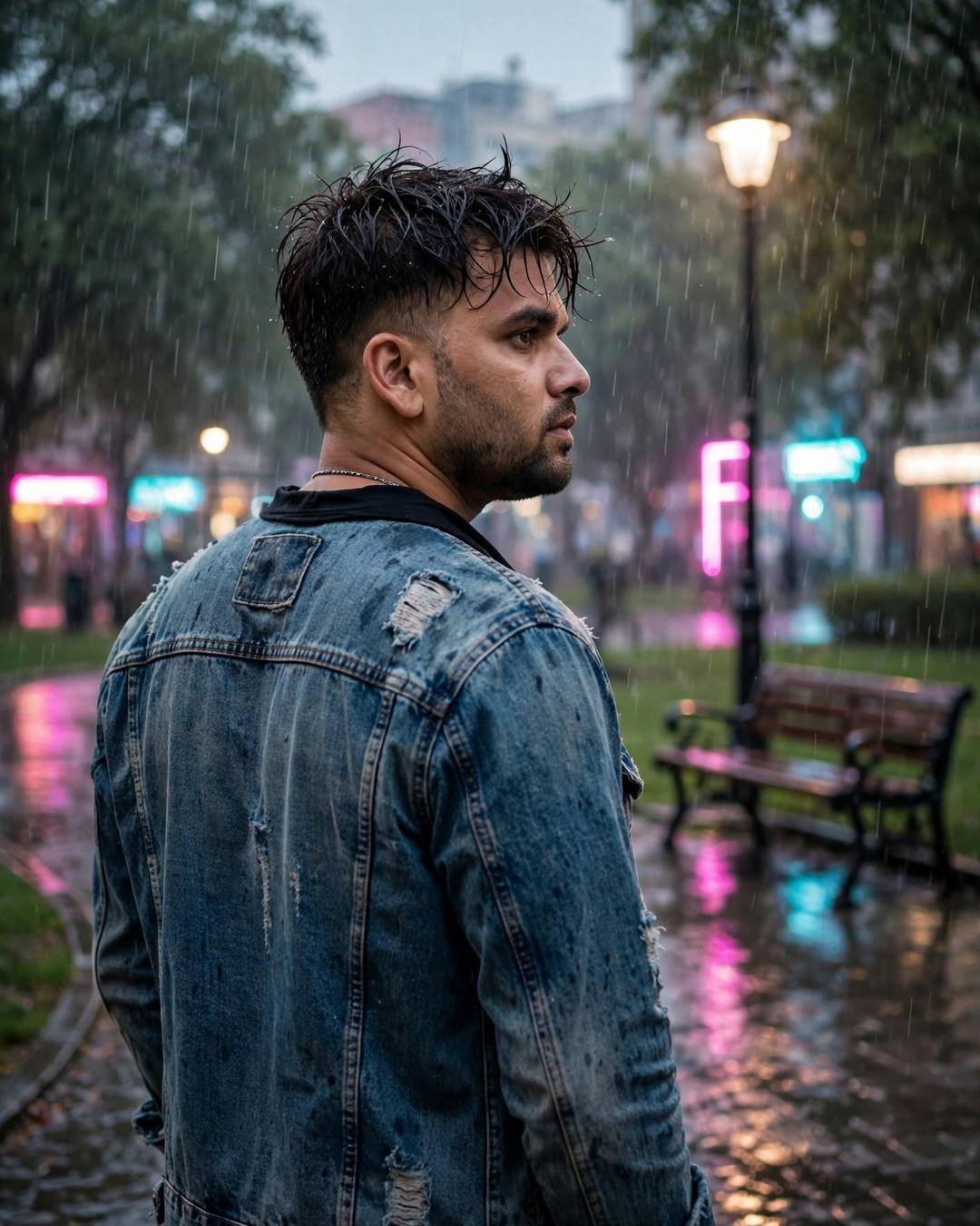 Young Indian man in a distressed denim jacket seen from behind looking over his shoulder at a lone lamp in a rainy park, neon reflections