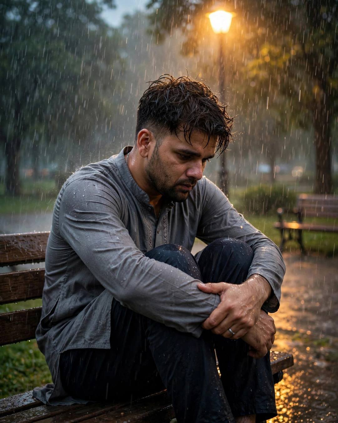 Young Indian man in a soaked grey kurta sitting with knees drawn up on a park bench in heavy monsoon rain, sodium lamp glowing behind