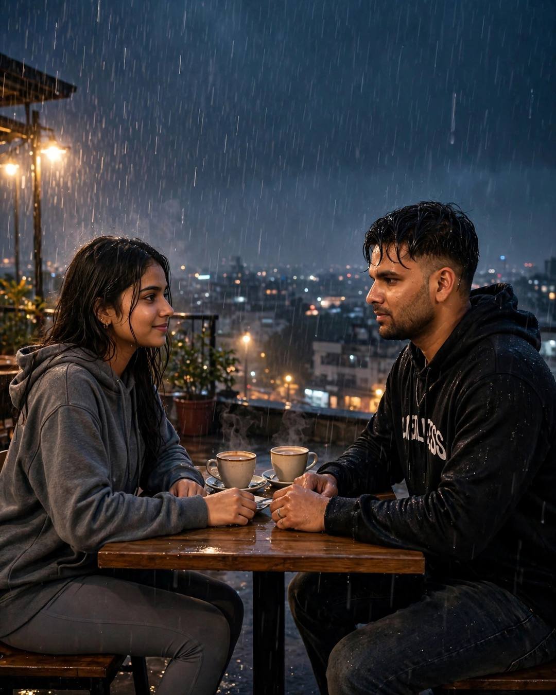 A couple at a rooftop cafe table in heavy monsoon rain, two steaming cups of chai, the man in a black hoodie and the woman in a grey hoodie, city lights blurred behind them