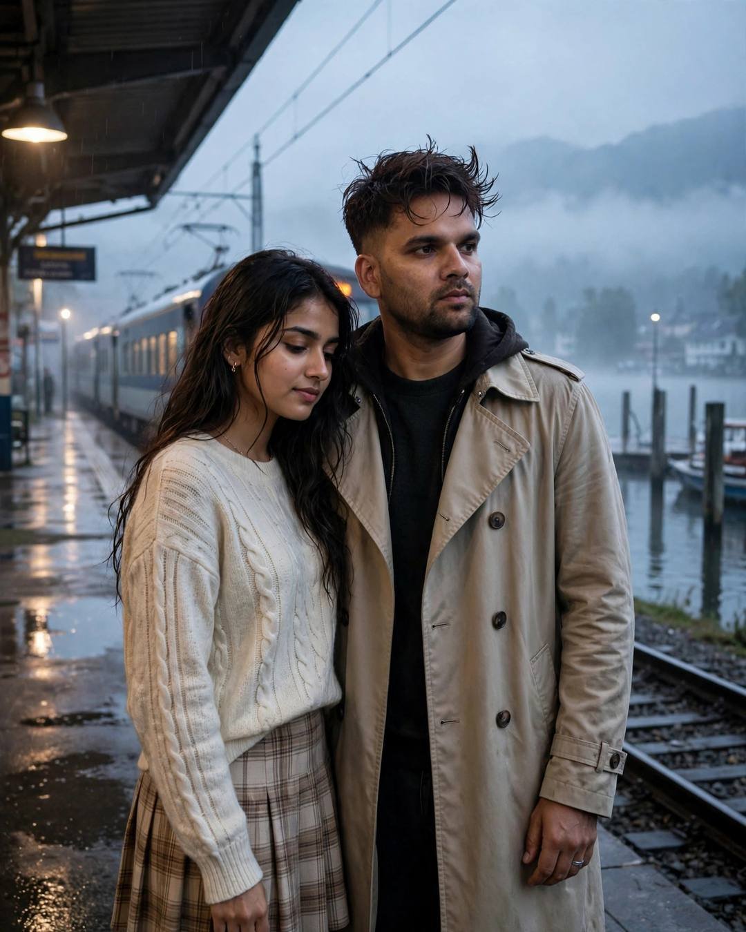 A couple embracing on a lakeside railway platform at blue hour, the man in a beige trench coat and the woman in a cream knit top and plaid skirt, a train idling behind them