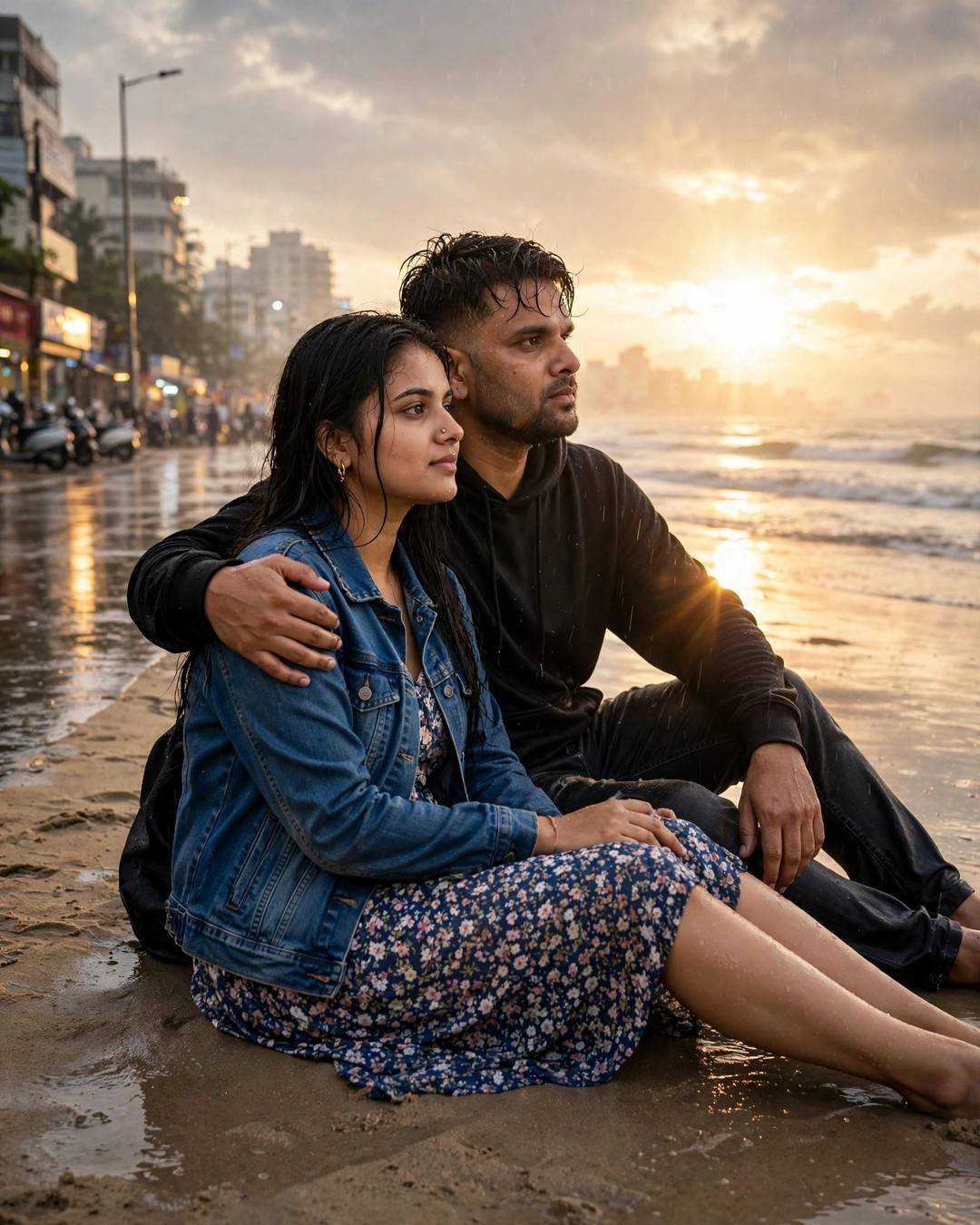 A couple sitting on wet sand at golden hour, the man in a black hoodie with his arm around the woman in a denim jacket over a floral dress, sun flaring over the sea