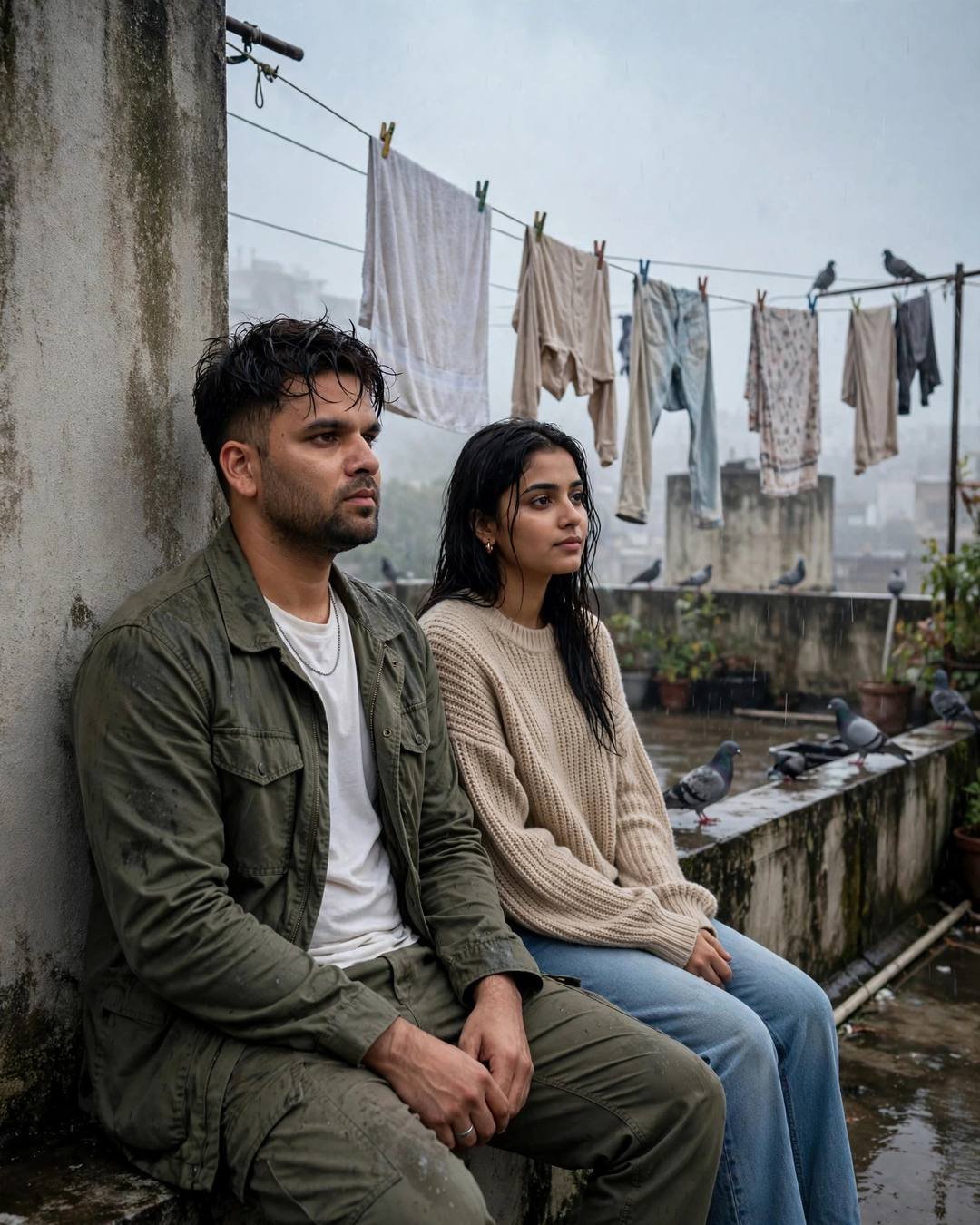 A couple sitting on a rain-wet terrace with drying clotheslines and pigeons, the man in an olive field jacket and the woman in a beige sweater, light rain falling