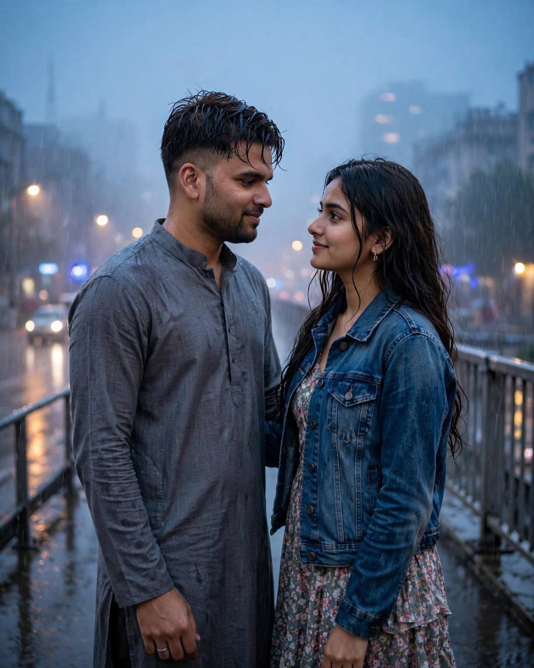 Couple facing each other on a foggy bridge at blue hour, city lights blurred
