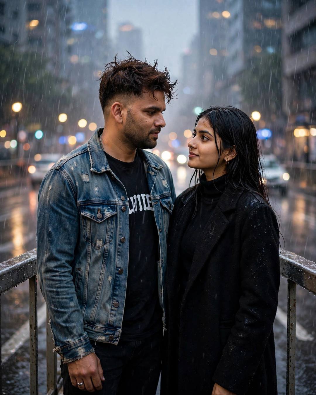 Couple facing each other on a rainy bridge at night, city lights glowing behind
