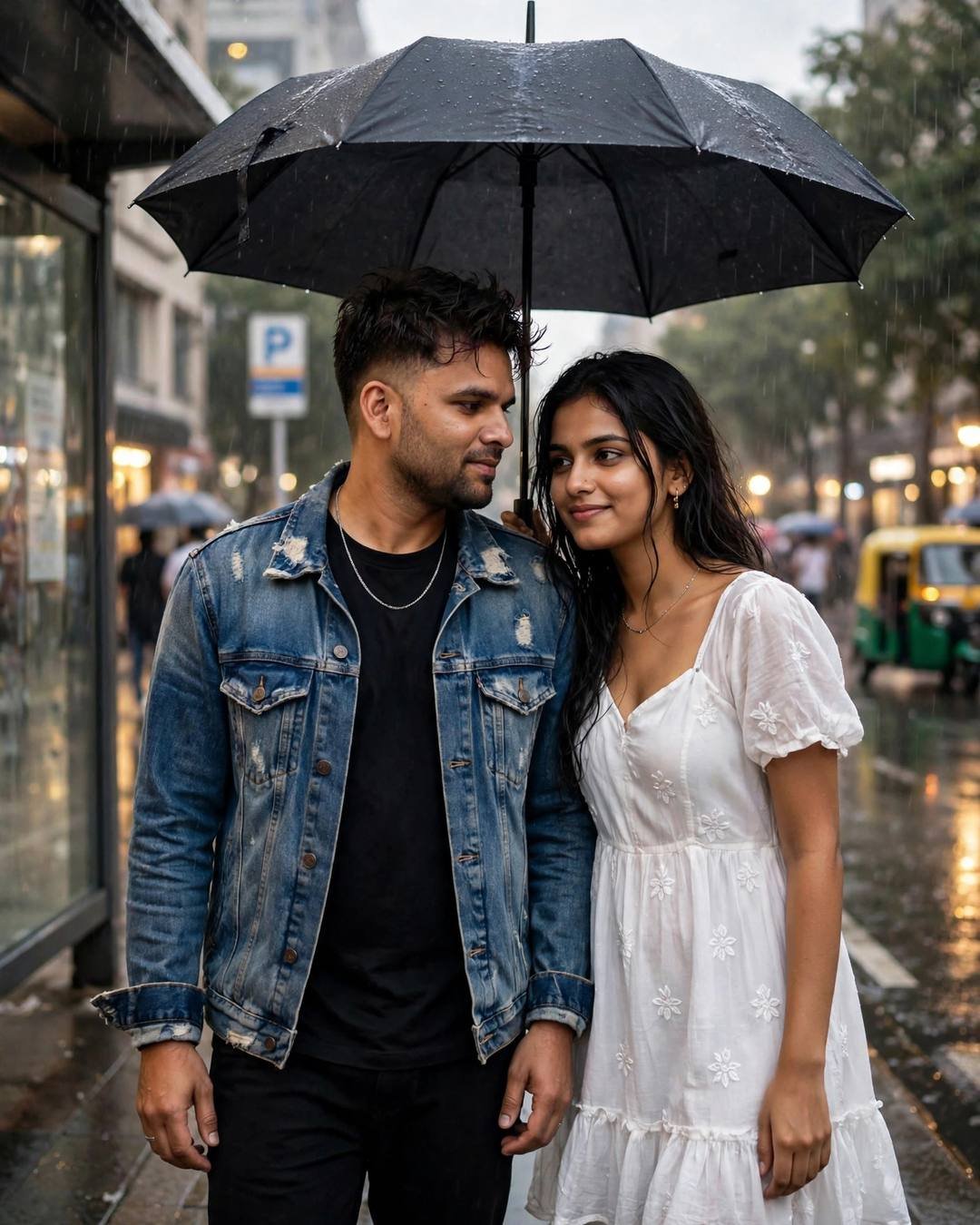 Couple under one black umbrella on a rainy street, man in denim jacket, woman in white dress