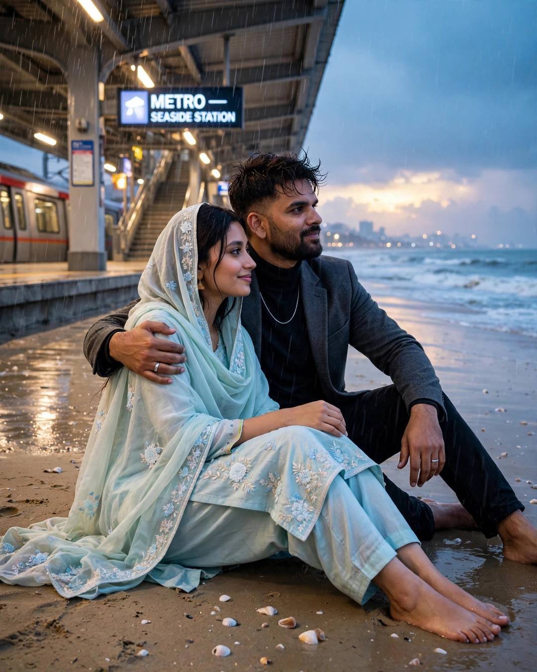 Couple sitting on a beach at dusk in front of a metro station, man's arm around woman in pastel salwar-kameez