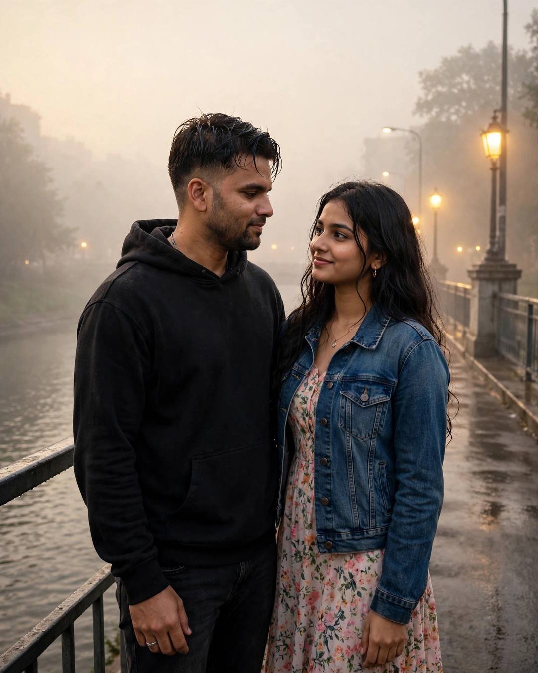 Couple standing close on a foggy bridge over a river at dawn, streetlamps glowing through mist