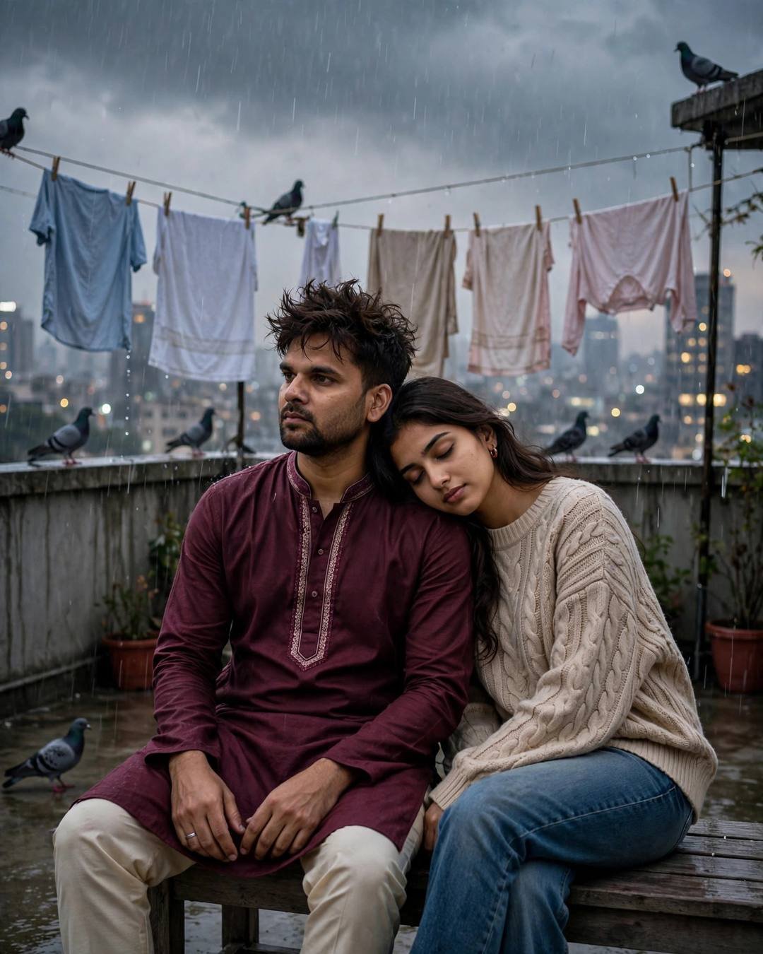 Young Indian couple sitting close on a rainy rooftop terrace bench, her head on his shoulder, he in a maroon kurta, pigeons and clotheslines behind